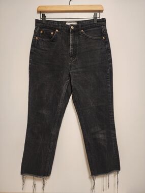 Topshop Black Acid Wash Straight Leg Raw Hem Jeans W28 L30 Grunge Streetwear